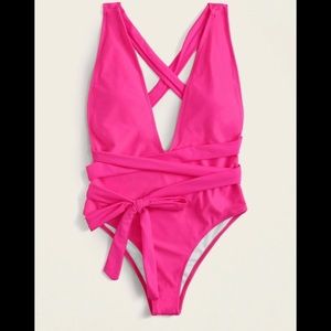 Open back self tie one piece swimsuit